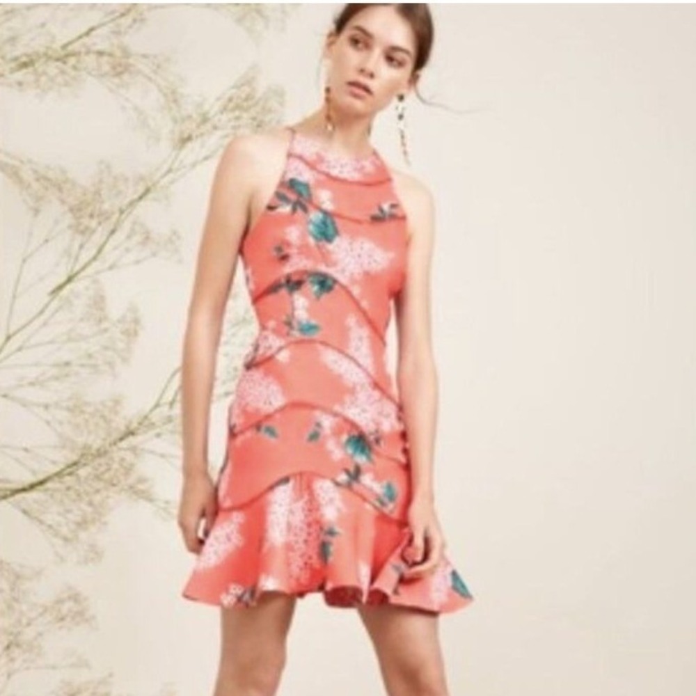 Keepsake Wild Thoughts Coral Floral Tiered Ruffle Dress 6 Pink High Neck Small